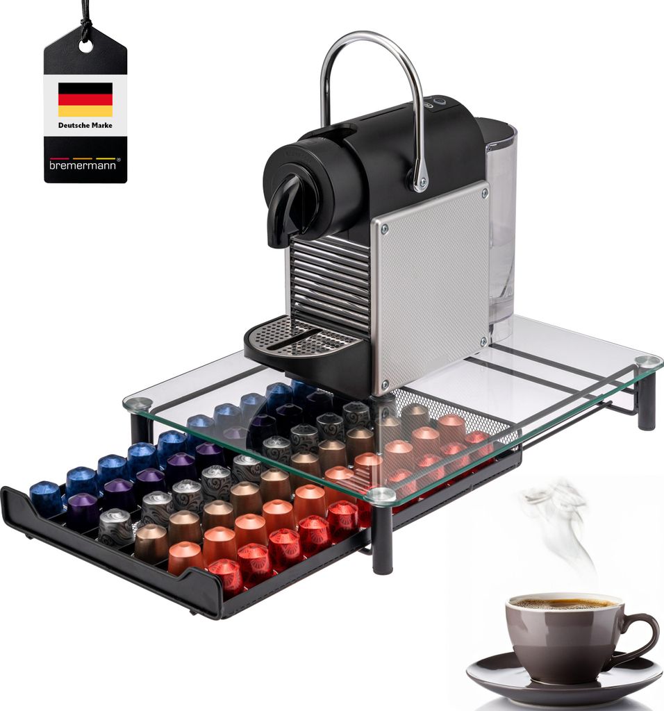 bremermann Kaffeekapsel-Box für 60x Nespresso, Schubladenbox, Metall und Glasplatte, Kapselhalter, Kapselspender ca. 31 x 7 x 40,5 cm, Glas transp...