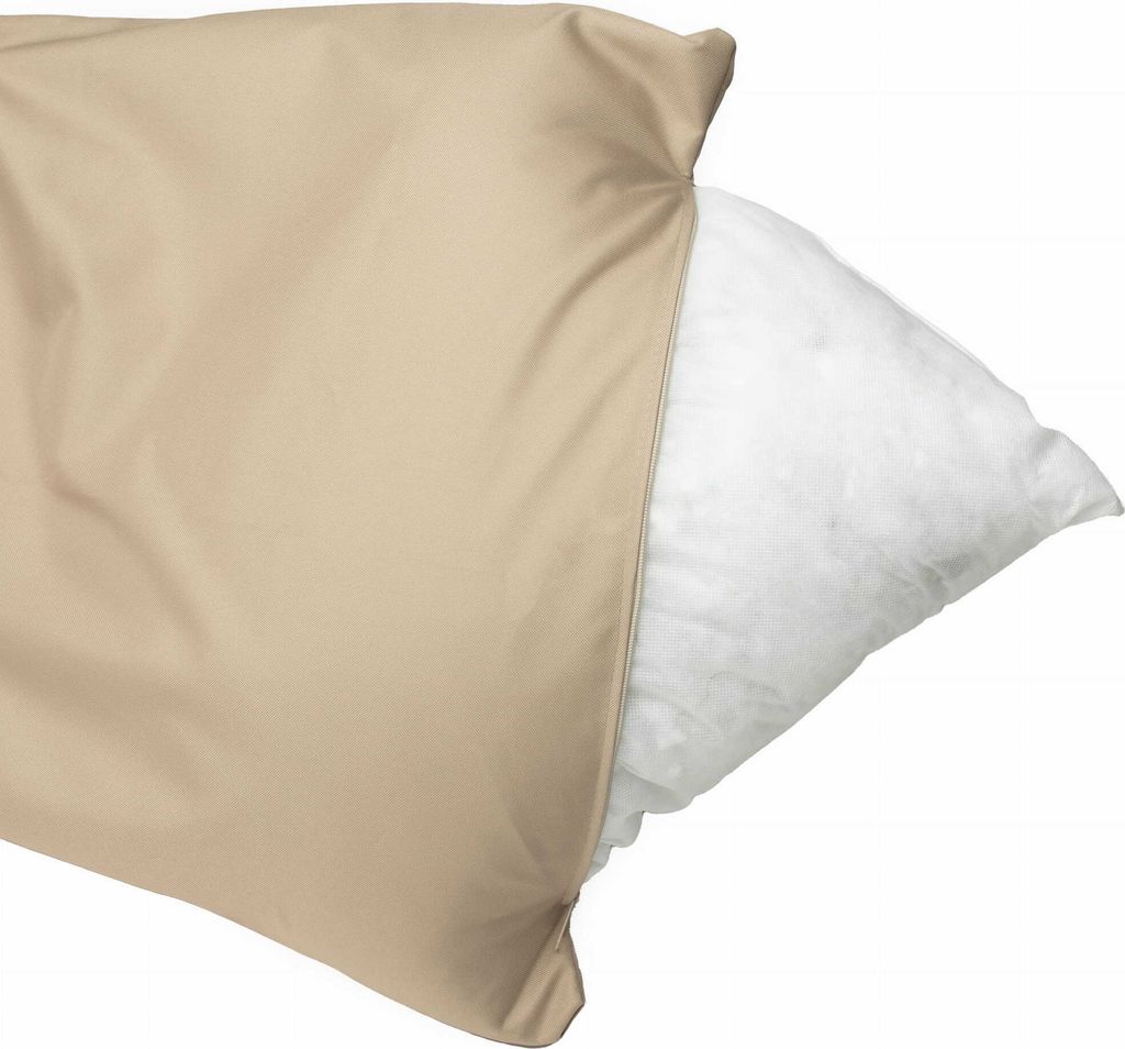 A beige pillowcase with a white pillow partially inserted.