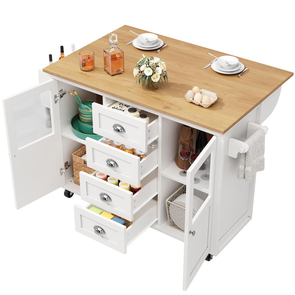 Kücheninsel,Buffetschrank,ausziehbarer Küchenwagen mit Rollen, Handtuchhalter, Gewürzregal, verstellbaren Einlegeböden, zwei Türen, vier Schub...