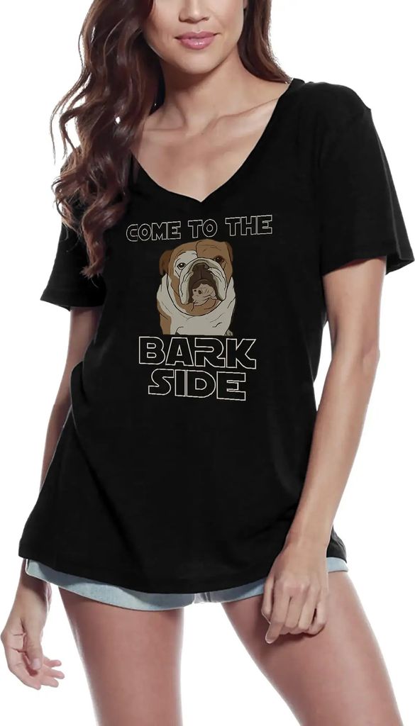 Damen Grafik T-Shirt V-Ausschnitt Komm auf die bellende Seite Hund – Come To The Bark Side Dog – Öko-Verantwortlich Vintage Jahrgang Kurzarm L...