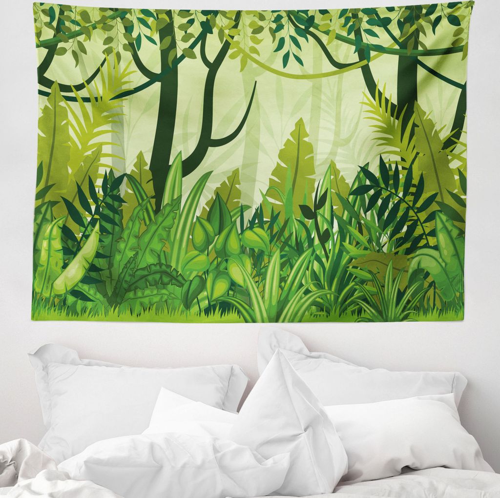 ABAKUHAUS Pflanze Wandteppich, Cartoon-Regenwald aus Weiches Mikrofaser Stoff Waschbar ohne Verblassen Digitaldruck, 150 x 110 cm, Grün