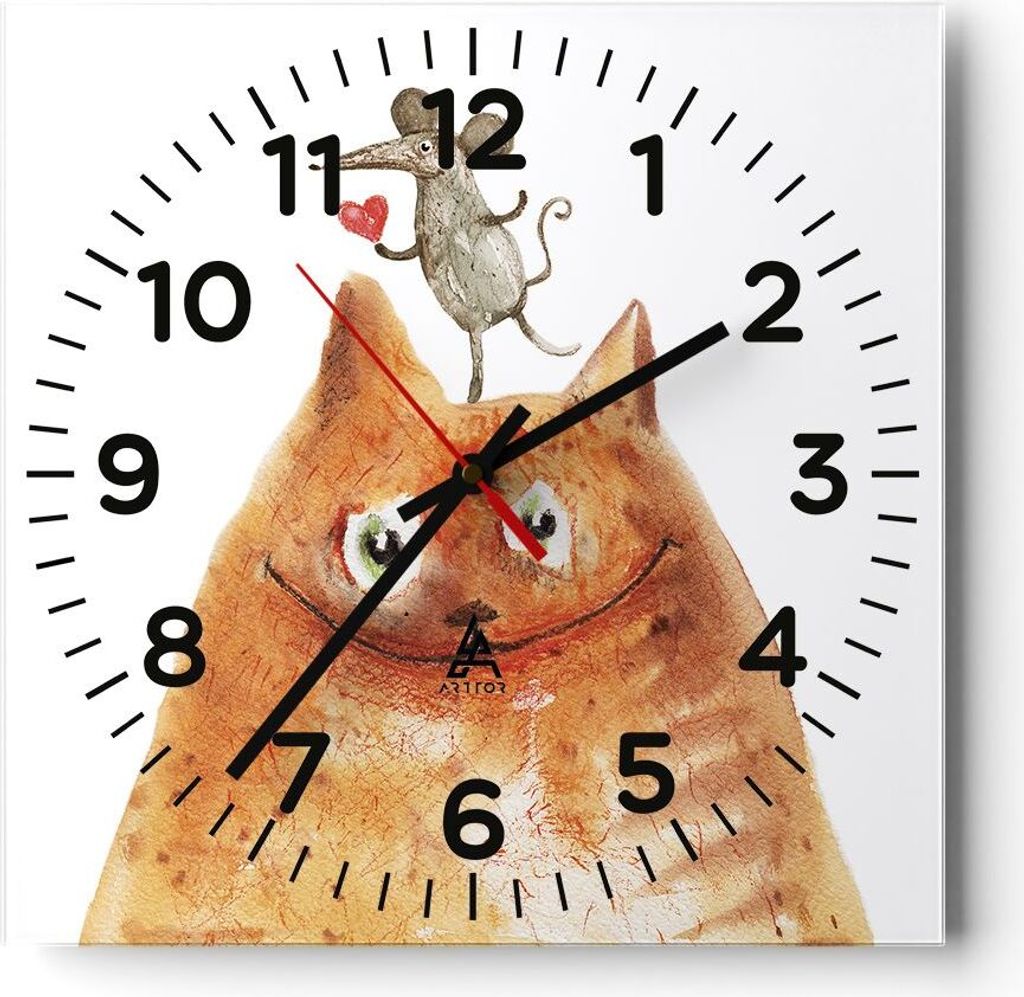 Wanduhr - Quadrat - Glasuhr - Katze Maus Kinder - 30x30cm - Schleichendes Uhrwerk - Lautlos - zum Aufhängen bereit - Dekoration Modern - Wanddekor...