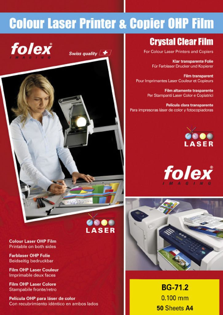 Folex BG-71.2 Overheadfolie DIN A4, 100 Mic für Farb,-Kopierer und Laserdrucker, Papierstreifen lange Seite