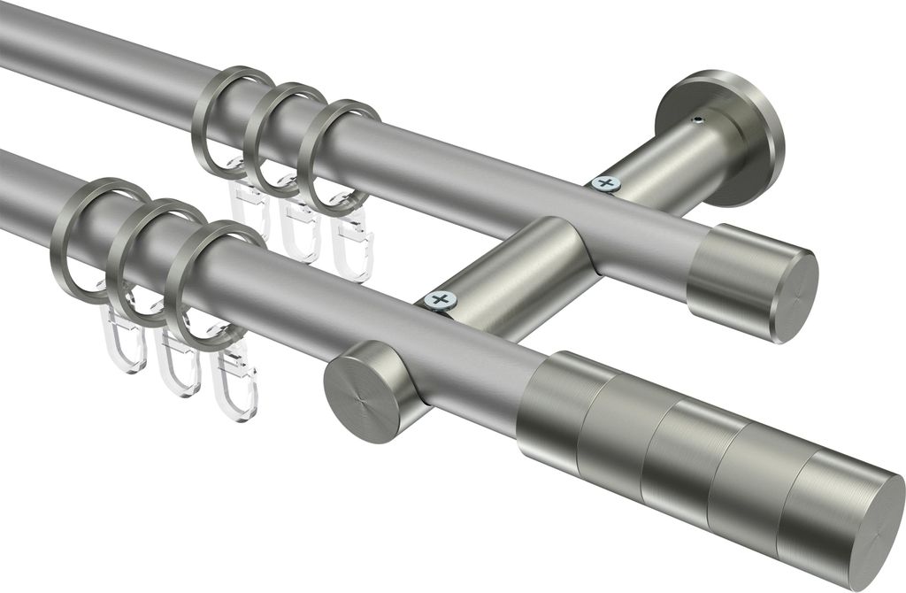 Interdeco Gardinenstange / Vorhangstange Silbergrau / Edelstahl-Optik, Typ Platon Mavell (Zylinder), 20 mm Ø 2-läufig, 220 cm