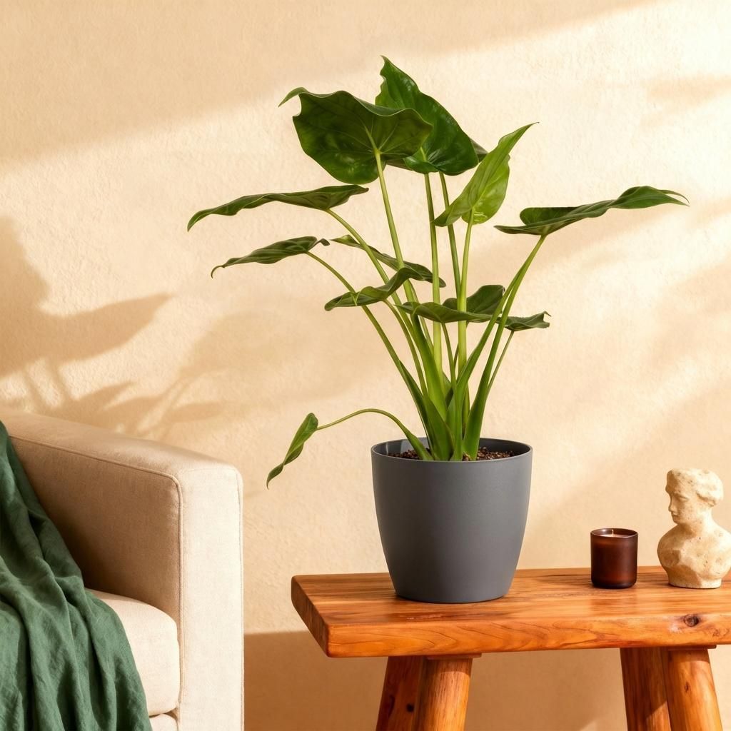 Green boutiQ - Zimmerpflanzen - Alocasia Cucullata - Buddha-Hand - Wenig Pflege - Grün - 1 Pflanze - mit Potter Grau - Topf 21cm - Höhe 65-70cm
