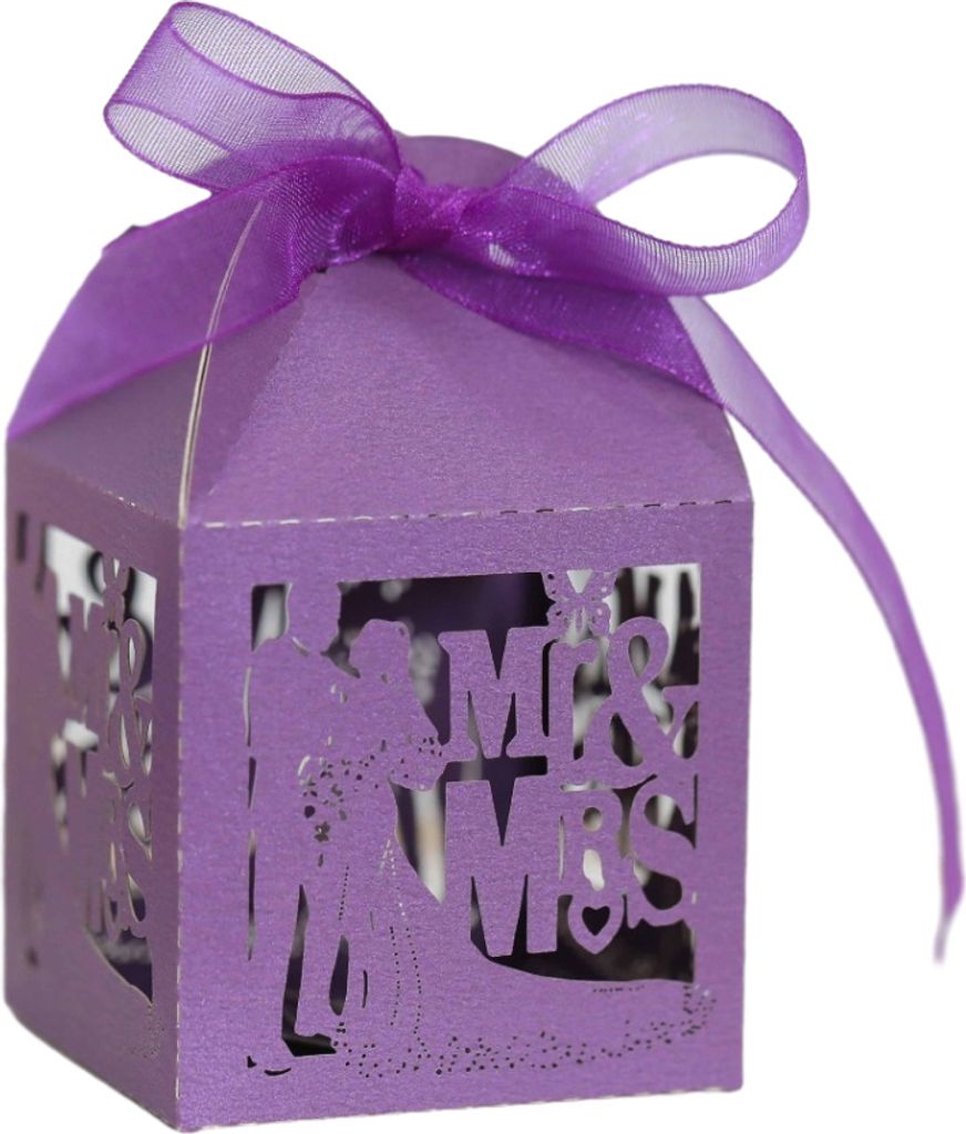 50 Pack Laser Cut Mr & Mrs Square Favor Boxen für Hochzeit Brautparty, Hochzeit Party Dekoration Schokolade Süßigkeiten Boxen mit Band