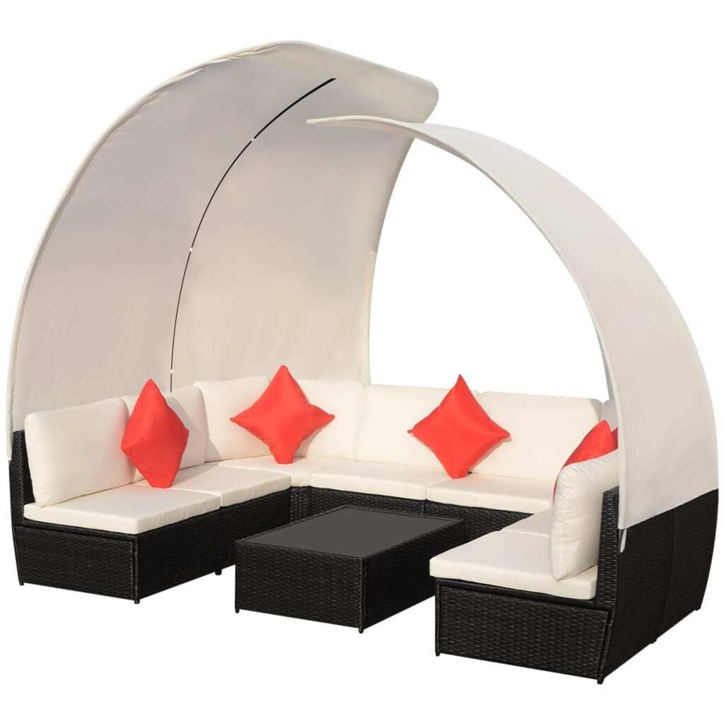 9-tlg. Garten-Lounge-Set mit Sonnendächern Poly Rattan Schwarz