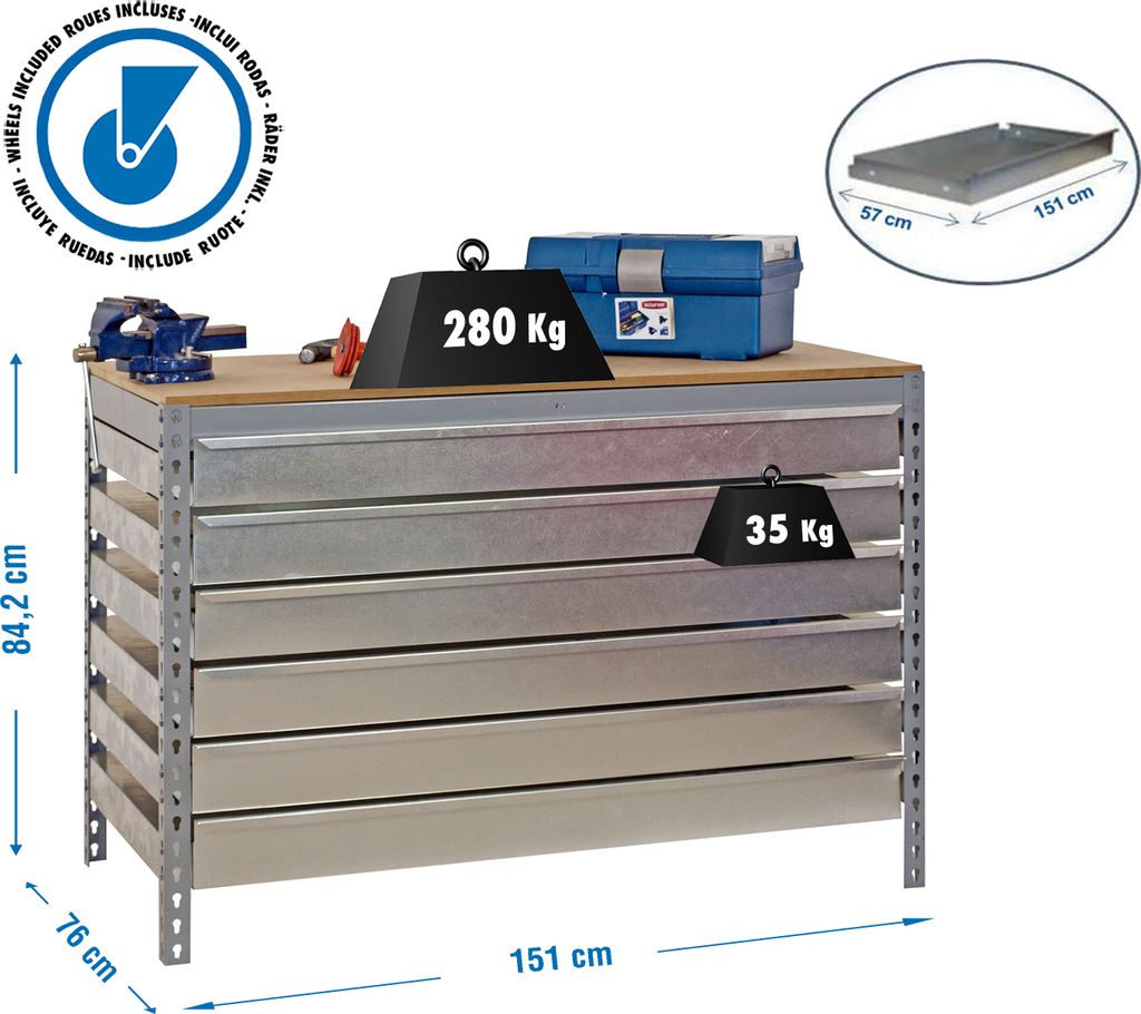 Werkbank ohne Parafuses SIMONWORK MOBILE BT5 BOX6 1500 GALVA/HOLZ