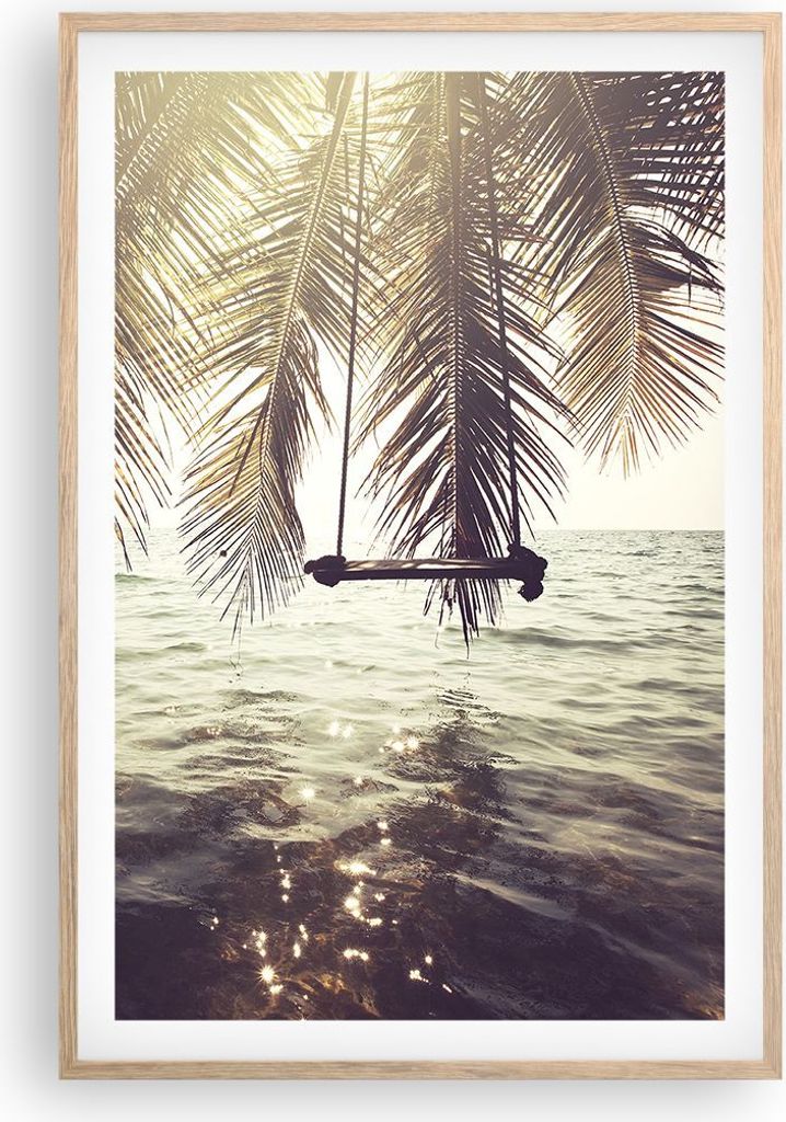 Gerahmtes Poster - Rahmen in heller Eiche - Meer Palme Wasser - 61x91,5 cm - Wand Bild - Wanddeko - Wandbilder - Wandposter - Bilderrahmen - Bilder...