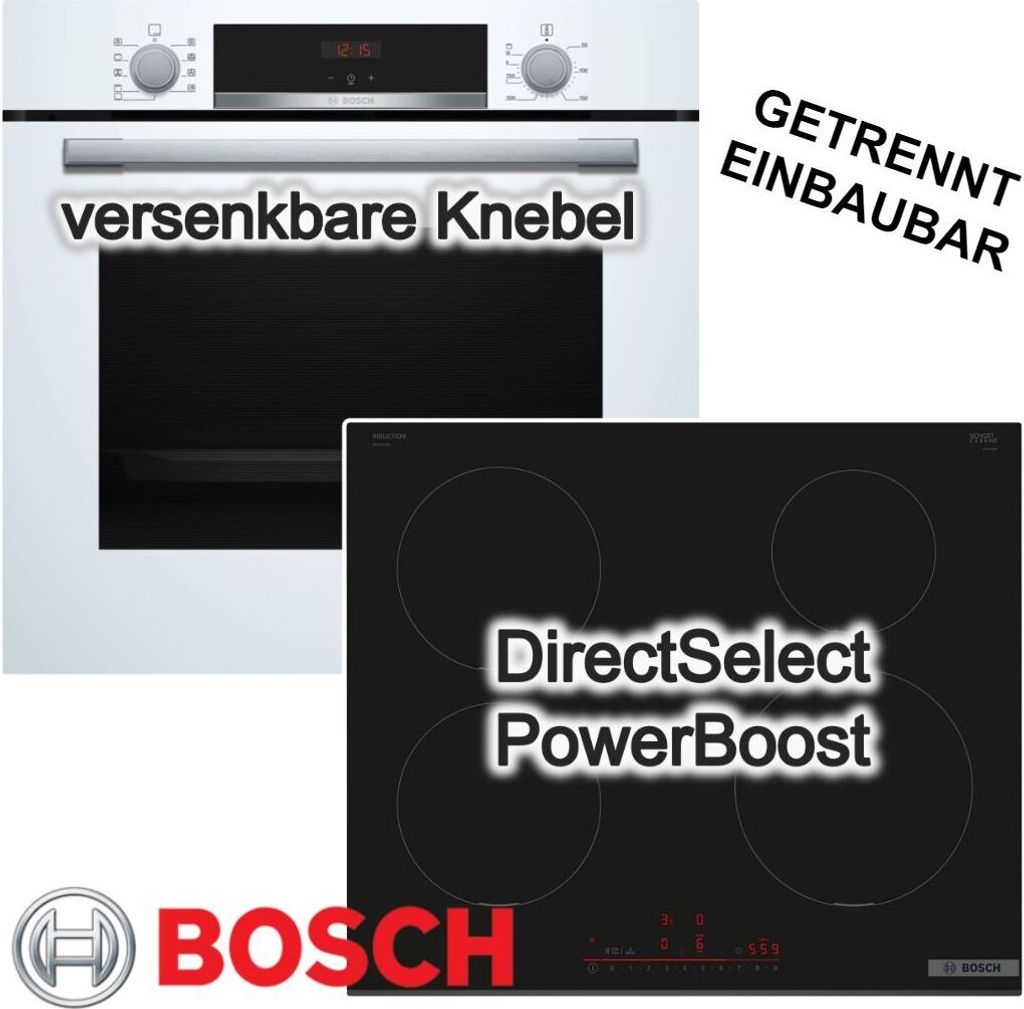 Herdset BOSCH Backofen weiß EcoClean + Induktionskochfeld HomeConnect autark 60cm
