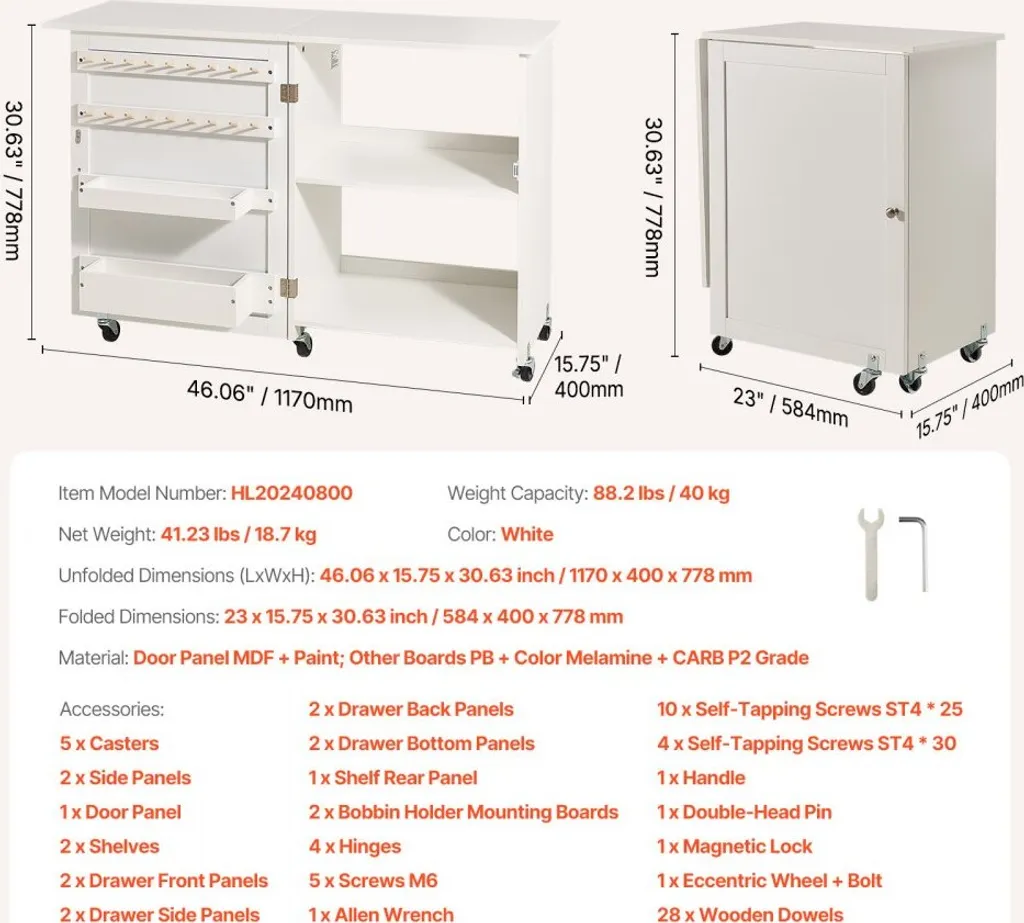Table de couture blanche modulable sur roulettes avec rangements variés