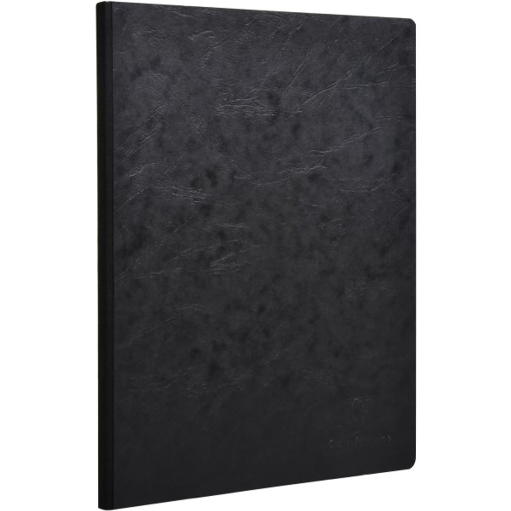 A black notebook with a textured cover is shown from a side angle against a white background.