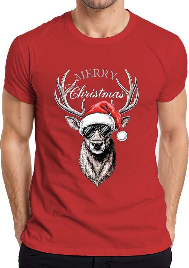 Rentier Weihnachten Merry Christmas Weihnachtsmütze Sonnenbrille Herren T-Shirt, Rot, XXL