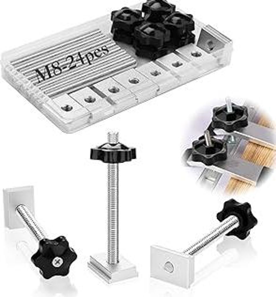 SWTYExt 24 Stück T Schiene Gleitmuttern M8 mit Edelstahl T Schraube M8x100mm Sterngriffschraube M8 Kunststoffgriff Klemmknopf Nutensteine T Nut Mu...