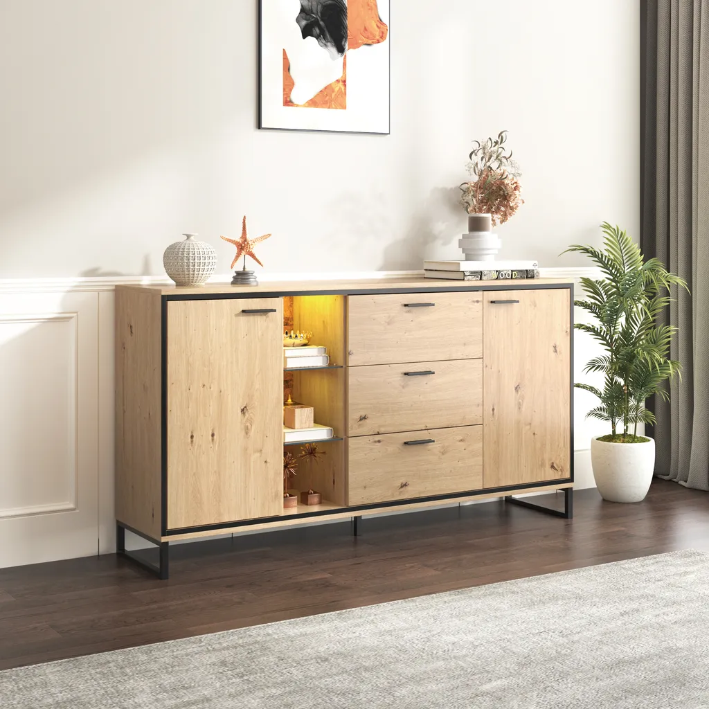 Buffet Sweiko 160cm Blanc - Bahut de Rangement 3 Tiroirs 2 Portes