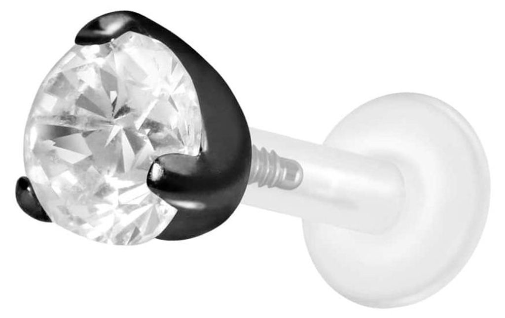 Ohrpiercing, Nasenpiercing PTFE Labret mit Innengewinde + Titan-Aufsatz EINGEFASSTER KRISTALL Schwarz Stablänge: 6mm | Stabstärke: 1,6mm | Krista...