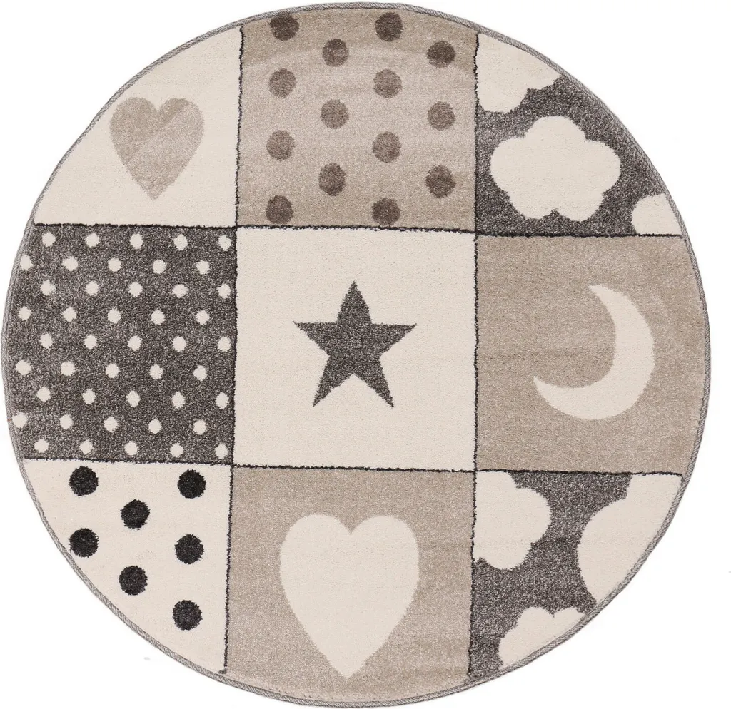 Tapis Aire de Jeux Enfant Gris et Beige Rond 120 cm Motif Nuages Doux