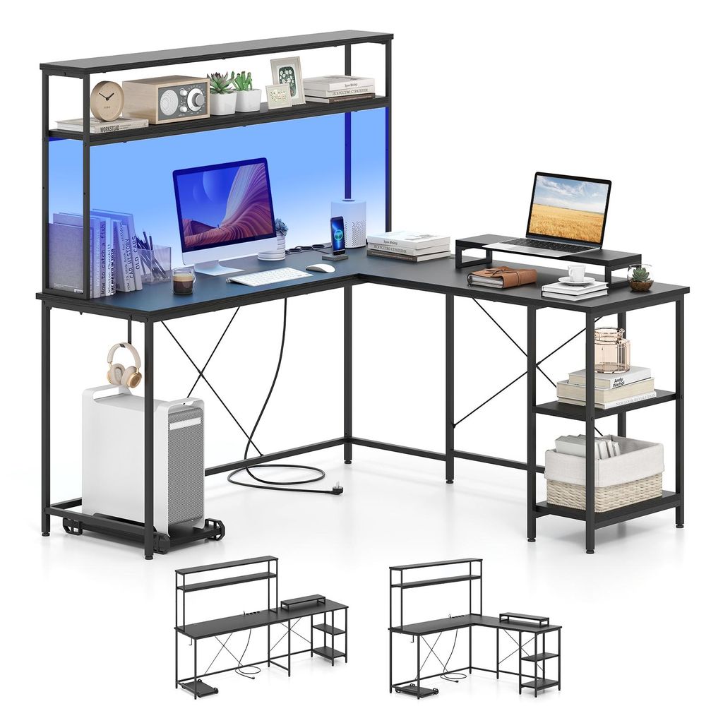 An L-shaped desk with shelves and a monitor stand, set against a white background.