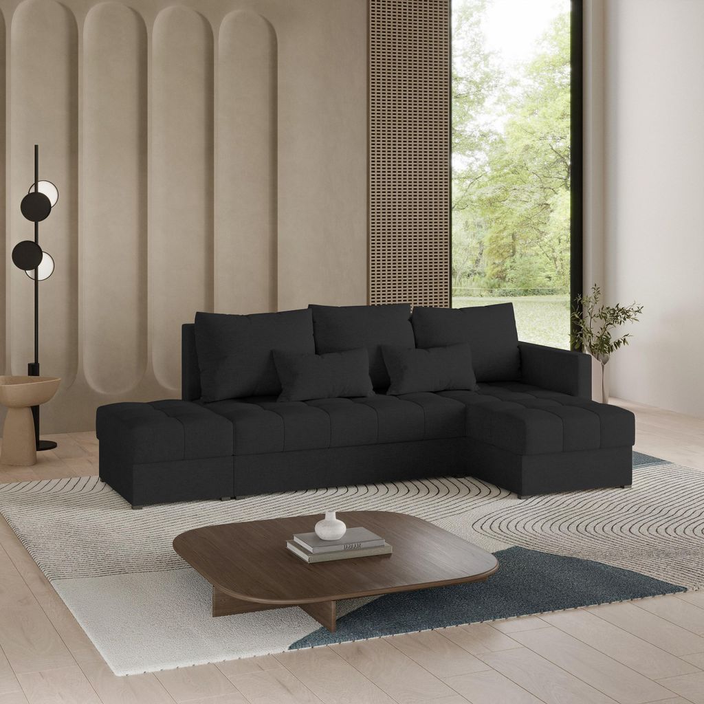Masseno Ecksofa LUMARI R-S mit Schlaffunktion L-Form, Sofa mit Bettkasten, Wohnzimmersofa, Couch, Soffa, Bettsofa, Couchgarnitur- Schwarz, NEVE 100