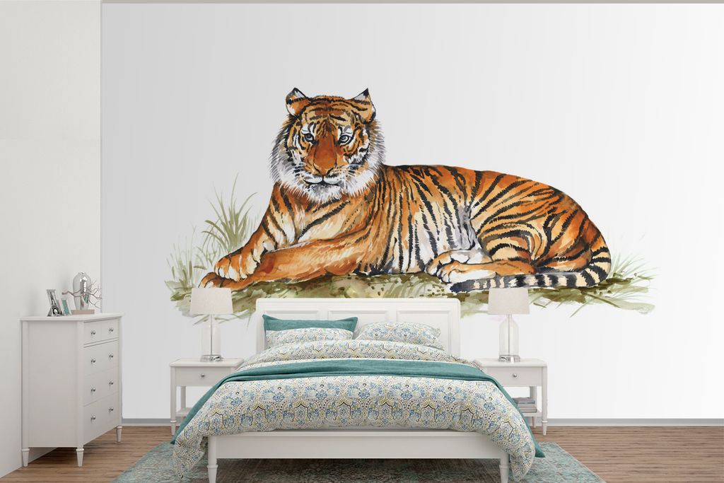 MuchoWow Fototapete für Wohnzimmer oder Schlafzimmer Wandtapete Vinyl Motivtapete Tiger - Gemälde - Orange - 360x240 cm - Vinyl-Tapete
