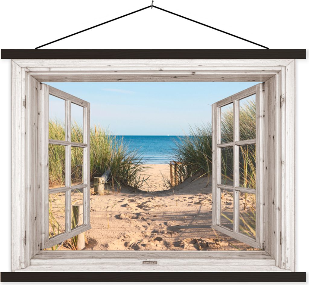 MuchoWow Textilposter Durchblick - Strand - Meer - Dünen - Sand - Wasser - Hochgras 120x90 cm mit schwarzem Rahmen - Aufhänger für Poster
