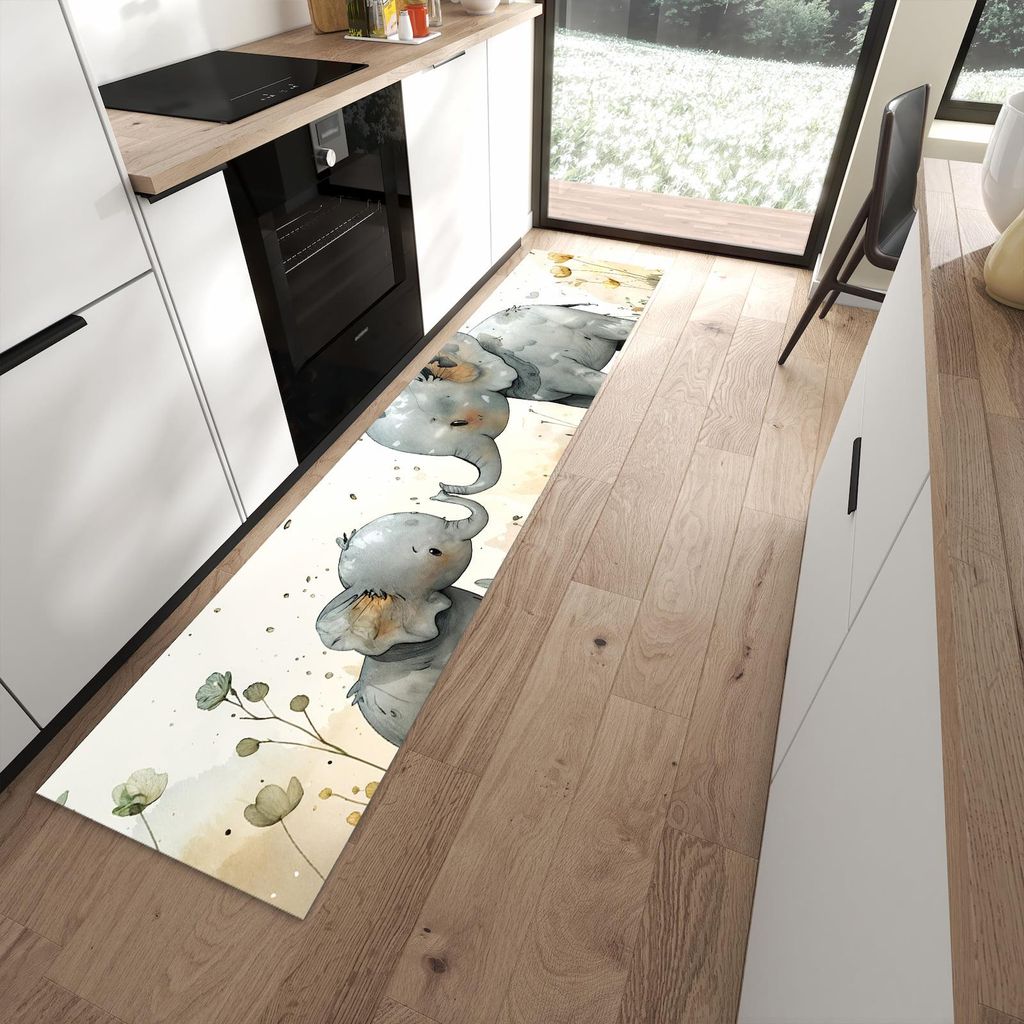 Küchenteppich 60x270cm rutschfest & abwischbar PVC Läufer - Elefantenfamilie
