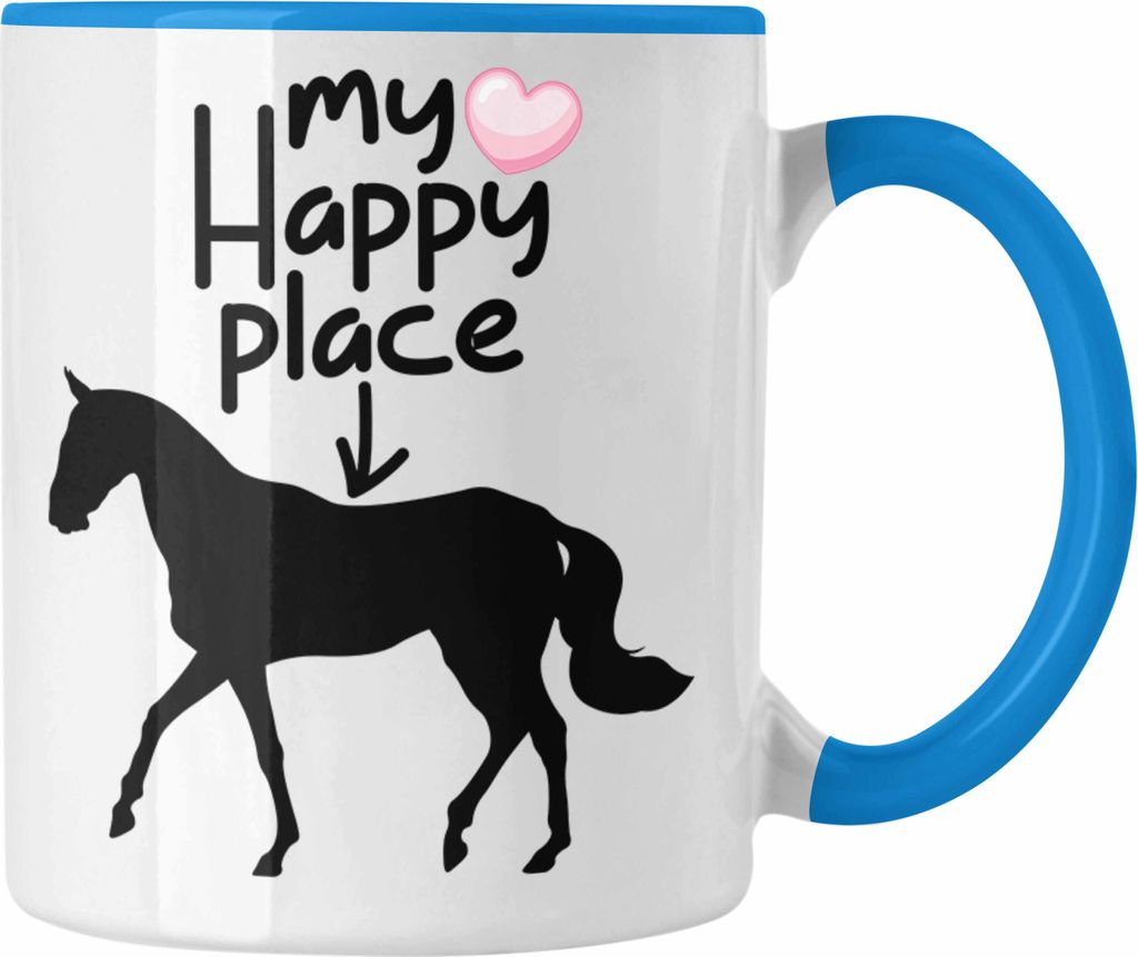 Trendation - "My Happy Place" Tasse für Reiterinnen Lustige Geschenkidee für Pferdefans Reiterin Pferde (Blau)