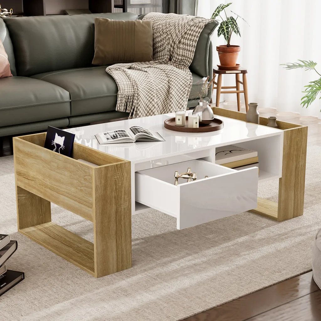 Table Basse de Rangement Gain de Place pour Salon Encombré Bois/Blanc - 5