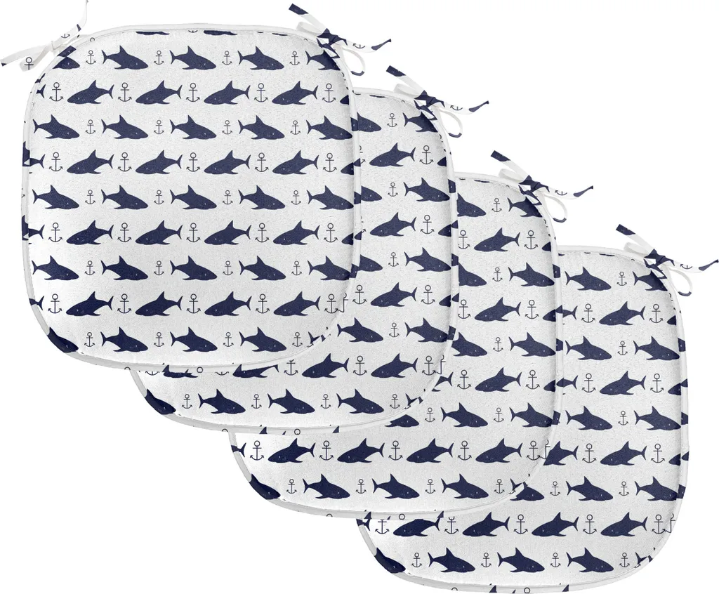 ABAKUHAUS Cuscini per sedie da sala da pranzo, Aquatic Moderne Sharks, cuscini decorativi impermeabili con cinturini per sedie da cucina, 40 cm x 40 cm, confezione da 4, indaco bianco