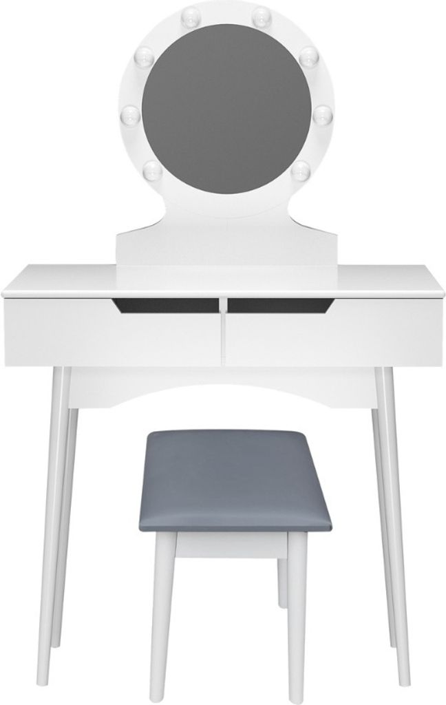 A white vanity table with a round mirror surrounded by lights and a gray stool.