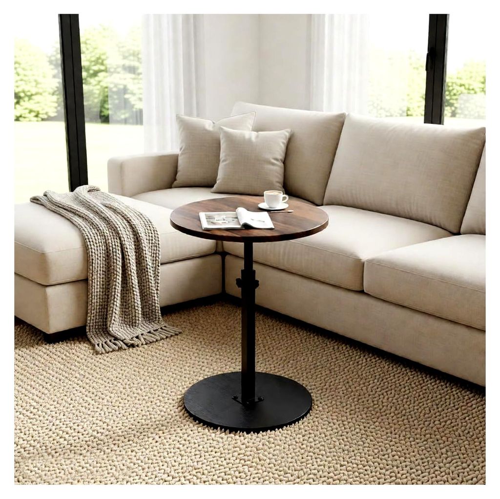 Höhenverstellbarer Beistelltisch aus Holz, 45-77 cm, mit Rollen, runde Tischplatte, Durchmesser 40 cm, für Sofa, Wohnzimmer, Bartheke, Walnuss