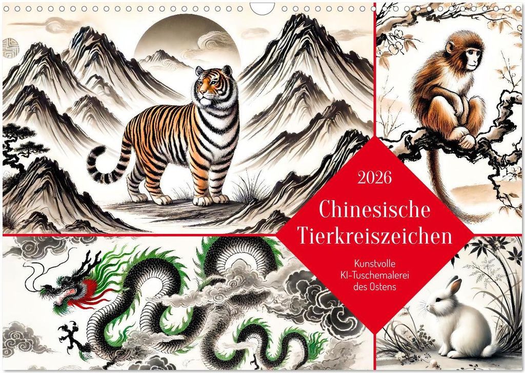 Chinesische Tierkreiszeichen - Kunstvolle KI-Tuschemalerei des Ostens (Wandkalender 2026 DIN A3 quer), CALVENDO Monatskalender
