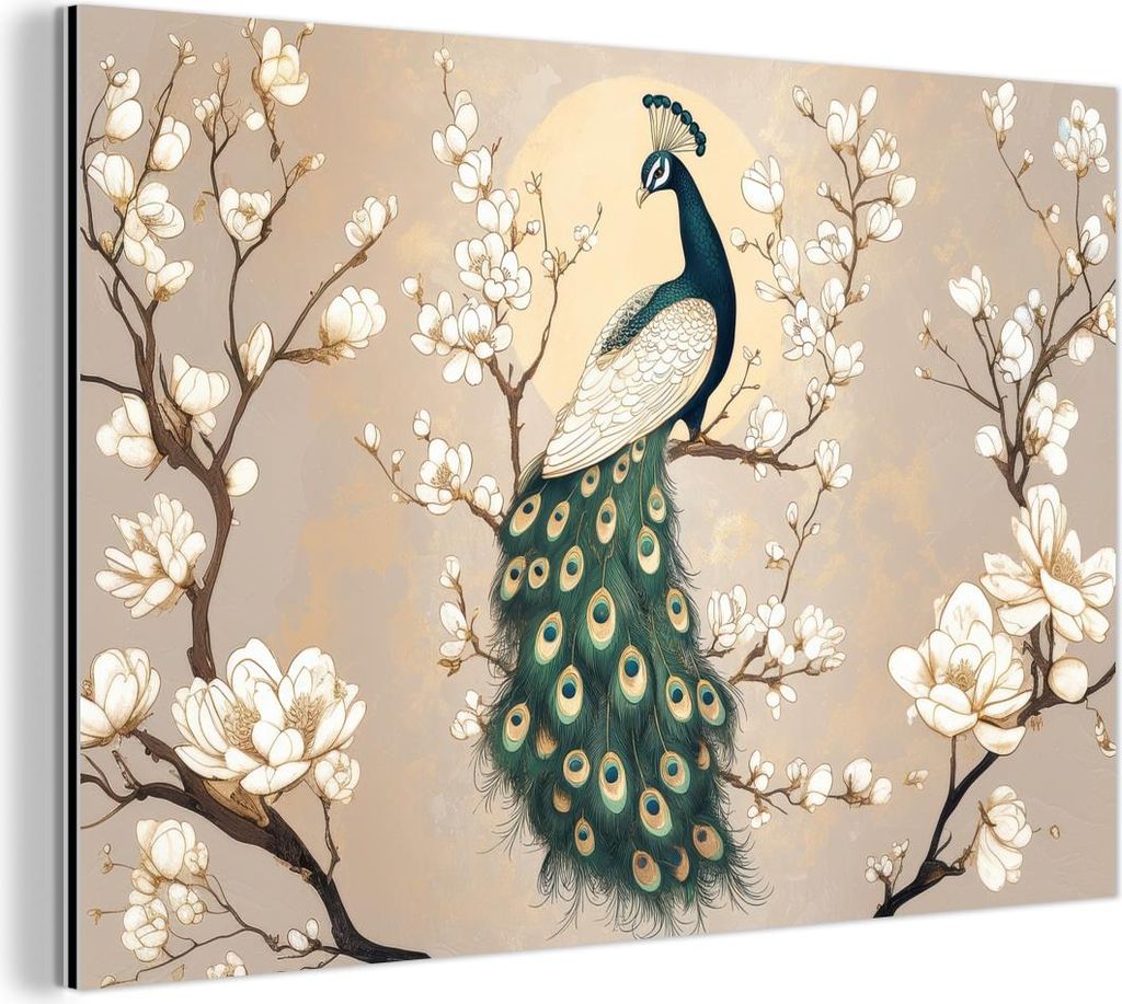 MuchoWow Wanddekoration Metall Metallbild Wandkunst 60x40 cm Pfau - Zweig - Blumen MuchoWow Aluminium Gemälde - Gemälder