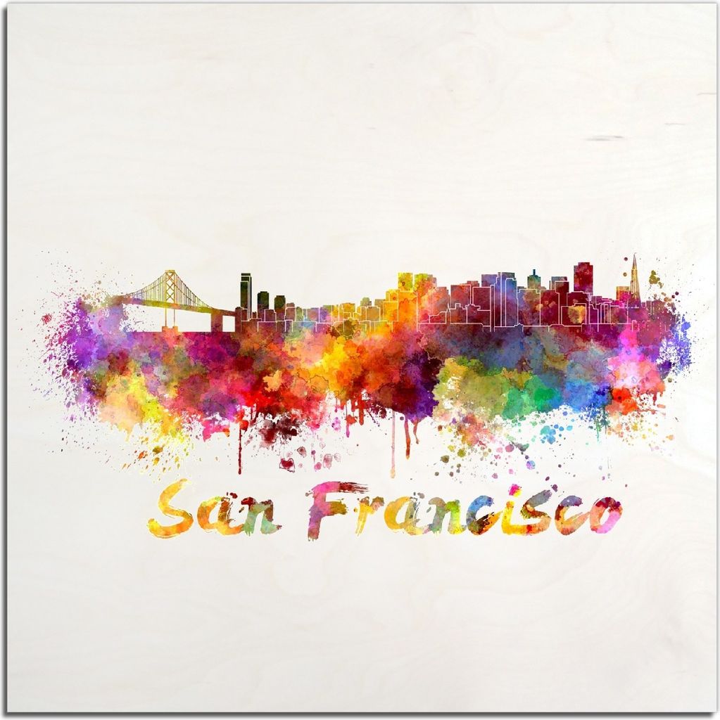Kunstdrucke Wandbilder Holz in : Brillante Farben, Größe 50 x 50 cm Motiv Städte als Aquarell - Skyline von San Francisco
