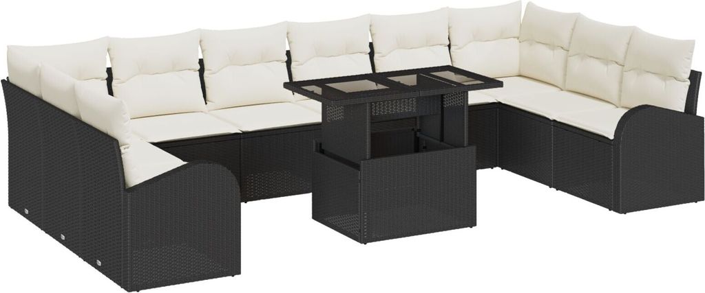Möbel 11-teiliges Garten Sofa Set mit Kissen Schwarz Poly Rattan, 2-Sitzer Garten Sofa mit Stauraum & Kissen Schwarz Poly Rattan - Gartensofas 335...