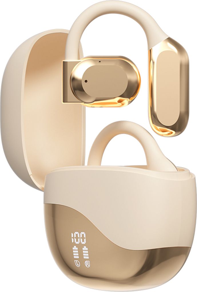A pair of cream and gold wireless earbuds with their charging case, which displays a digital battery indicator.