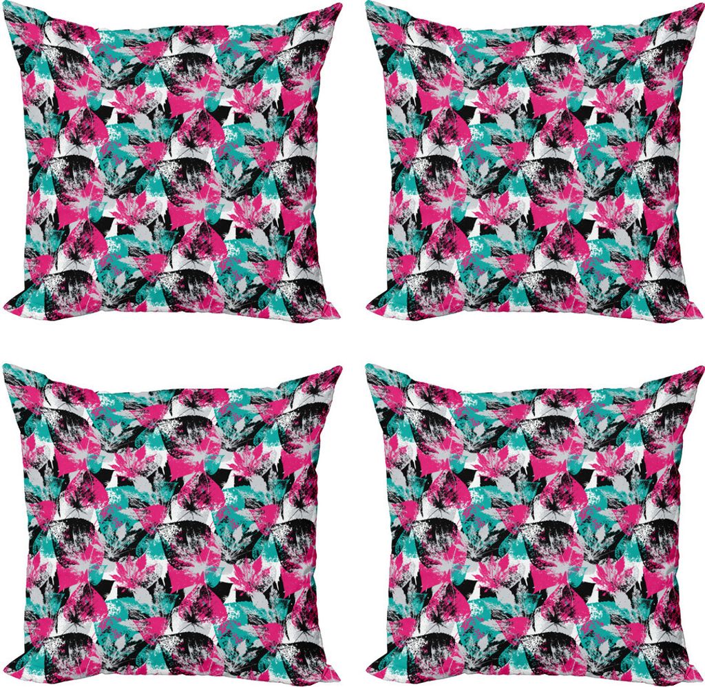 ABAKUHAUS Grunge Kissenbezug Set (4 Stück), Aufwändige Blatt Arrangement, Moderner Doppelseitiger Digitaldruck, 50 cm x 50 cm, Hot Pink Seafoam S...