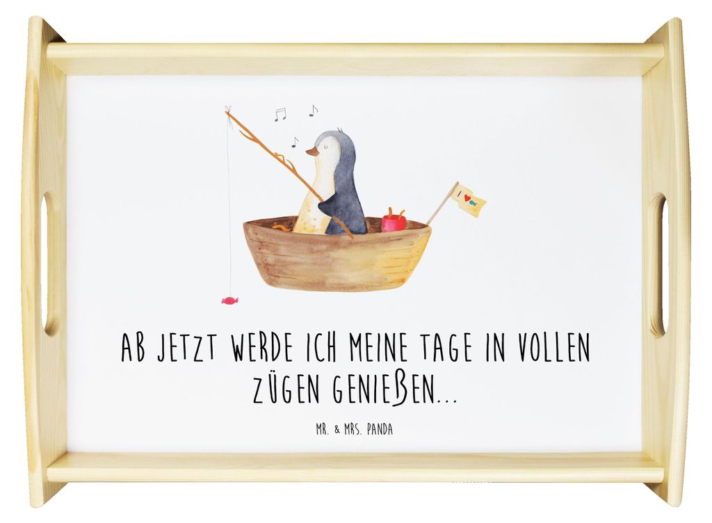 Mr. & Mrs. Panda Tablett Pinguin Angelboot - Weiß - Geschenk, Leben, Boot, Sofa, Liebeskummer, Angeln, Holztablett, Deko, Serviertablett, Optimist...