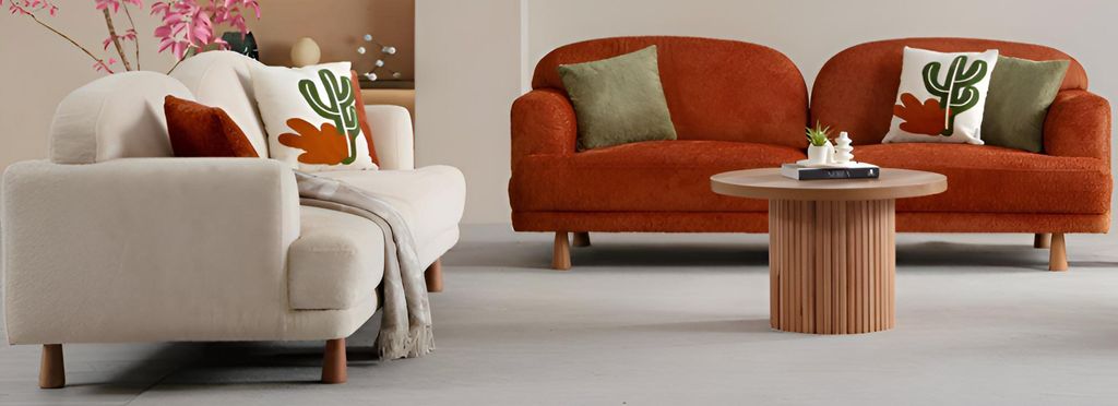 Bequeme Zweifarbige Sofagarnitur Oranger 3-Sitzer Beiges Polstersofa