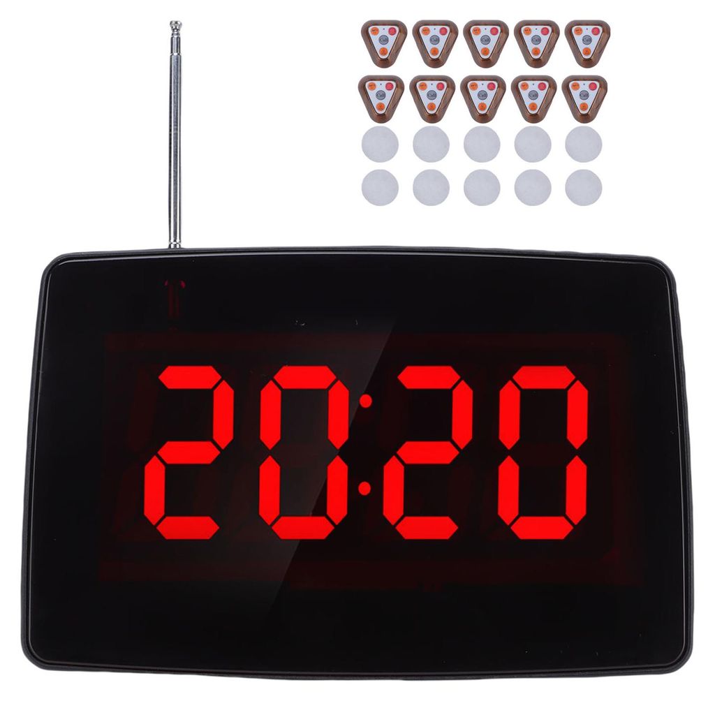 Funk-Rufsystem 433,92 MHz mit 10 Ruftasten und 1 Display-Empfänger – Funk-Paging-System für Restaurants, Cafés und Food Courts, EU-Stecker