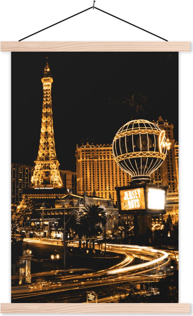 MuchoWow Textilposter Gold - Eiffelturm - Las Vegas 40x60 cm mit holzfarbenen Rahmen - Poster