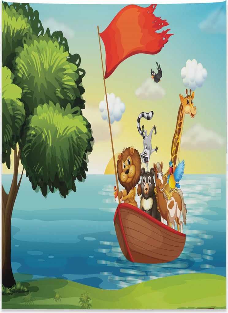 Abakuhaus altertümlich Wandteppich, Tiere Ark am Ufer aus Weiches Mikrofaser Stoff Kein Verblassen Klare Farben Waschbar, 110 x 150 cm, Mehrfarbig
