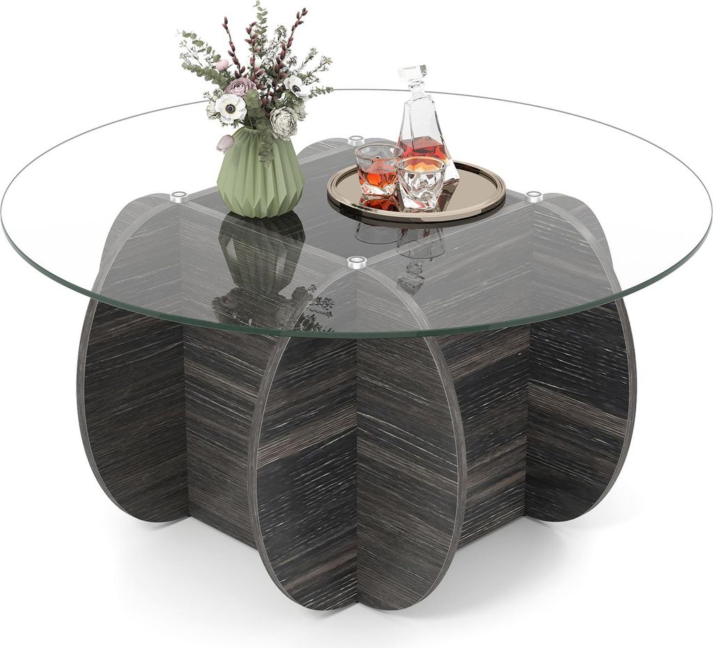 COSTWAY Couchtisch ø 89cm, Sofatisch mit Glasplatte & Massivholz-Basis, Beistelltisch, Glastisch Wohnzimmertisch für Wohnzimmer, Schwarz