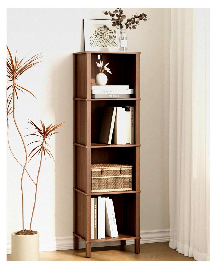 Bücherregal mit 4 Ebenen, Bücherschrank, Eckregal, Aufbewahrungsregal für Wohnzimmer, Büro und Schlafzimmer, Nussbaum