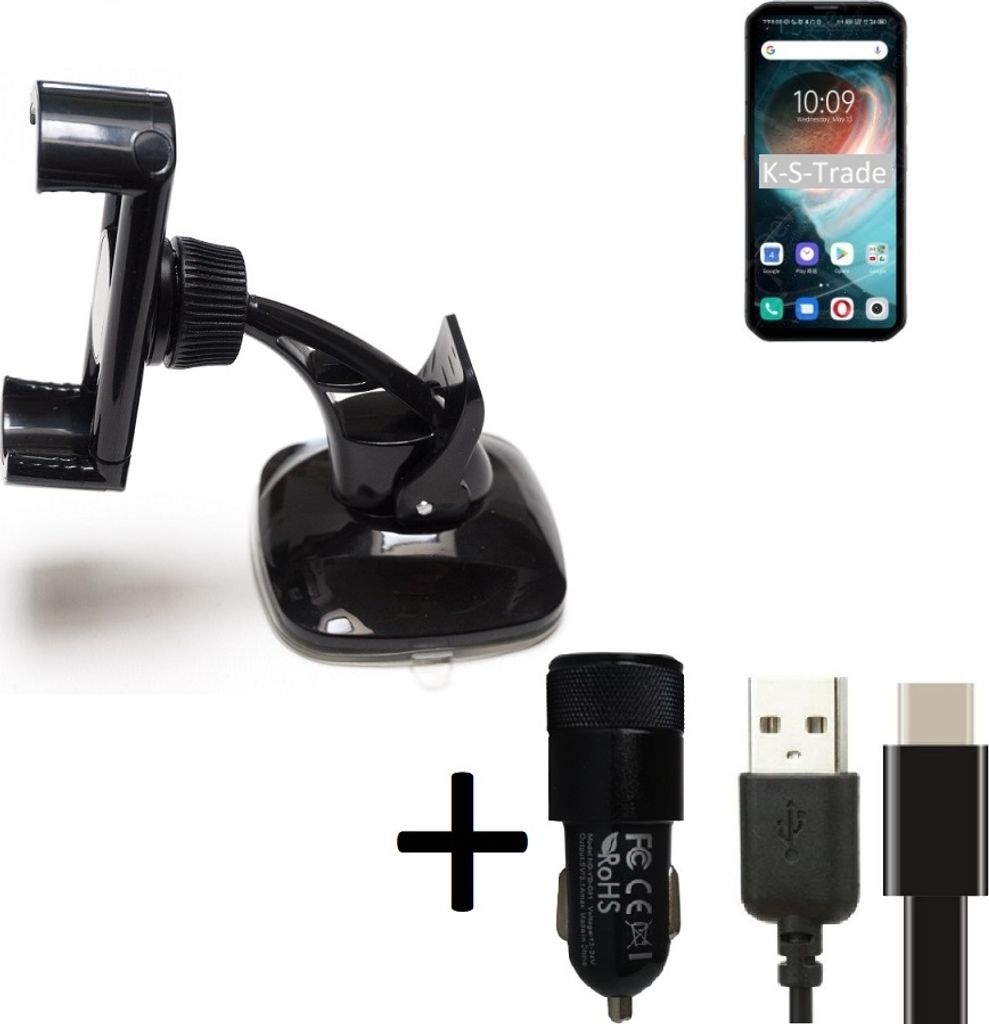 K-S-Trade Handy-Halterung kompatibel mit Blackview BL6000 Pro Windschutzscheibe / Armaturenbrett + LADEGERÄT mit Mico USB Kabel Autohalterung