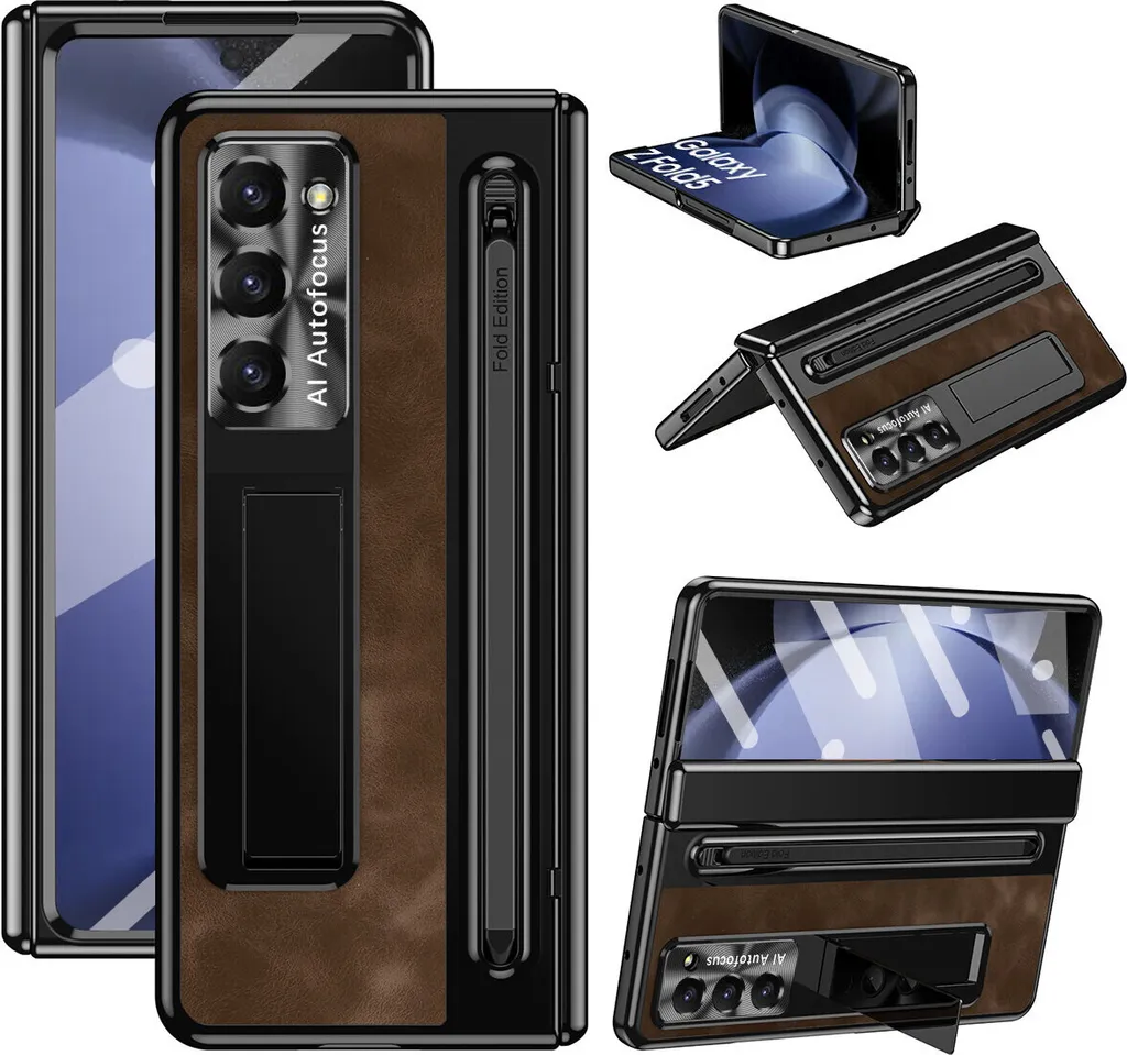 Custodia per Samsung Galaxy Z Fold 6 con lente in metallo e protezione della cerniera, supporto in pelle vintage con supporto per S Pen e protezione dello schermo Caffè