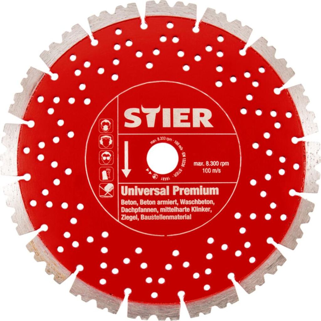 STIER vielseitige Diamanttrennscheibe Universal Premium, Durchmesser 300mm und Bohrung 20mm, spezielle Verzahnung für präzises Trennen von Beton ...