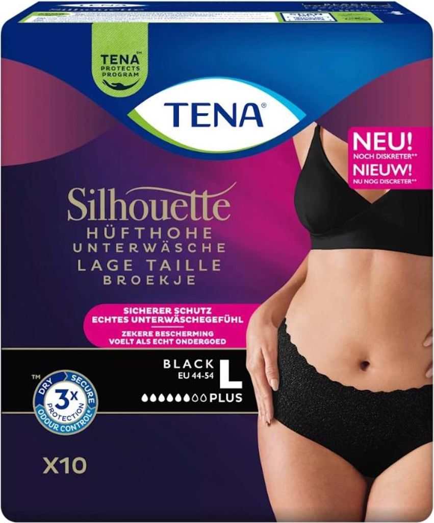 A package of Tena Silhouette Plus incontinence pants, showing a model wearing the product.