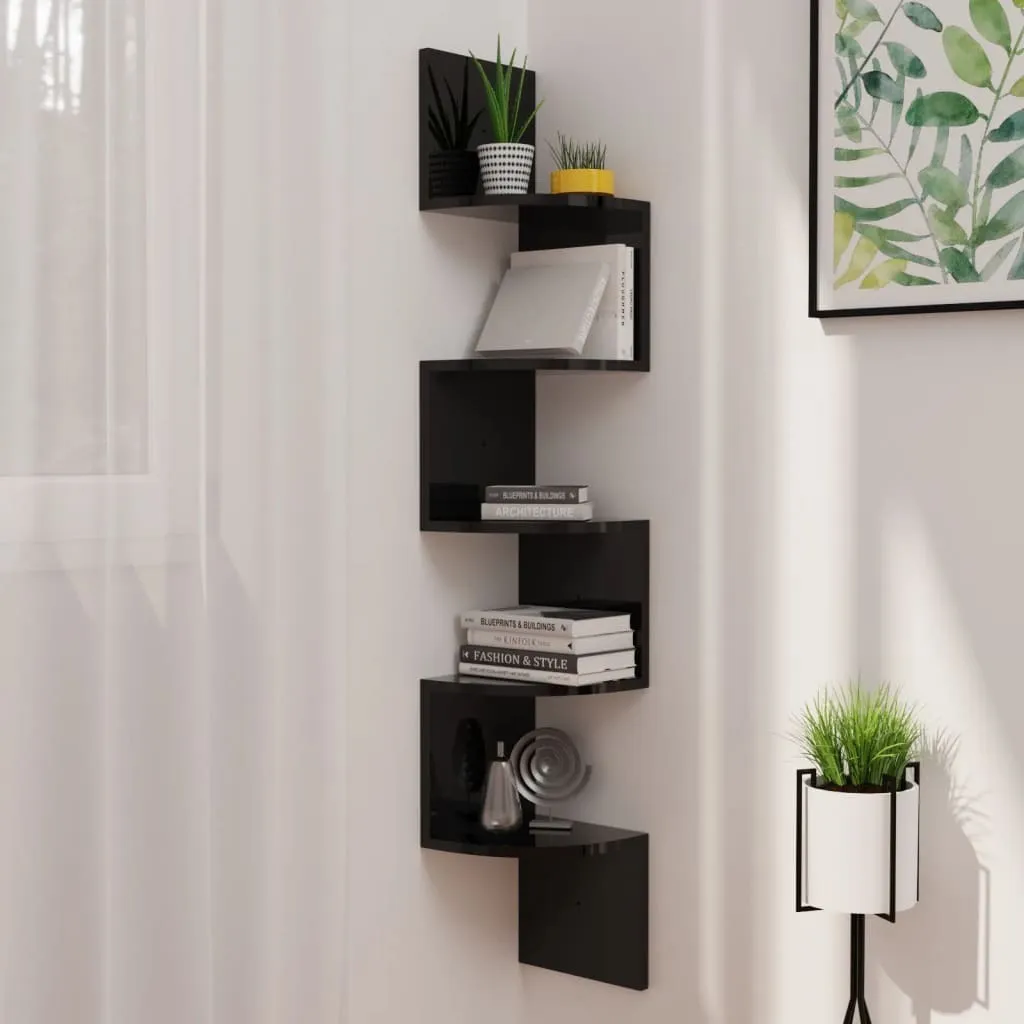 Mensola ad Angolo Nera Glossy 123cm | Scaffale Decorativo Legno