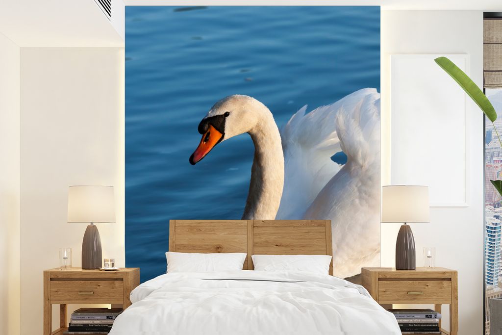 MuchoWow Fototapete für Wohnzimmer oder Schlafzimmer Wandtapete Vinyl Motivtapete Schwan - Wasser - Vogel - Weiß - 165x220 cm - Wanddekorationen